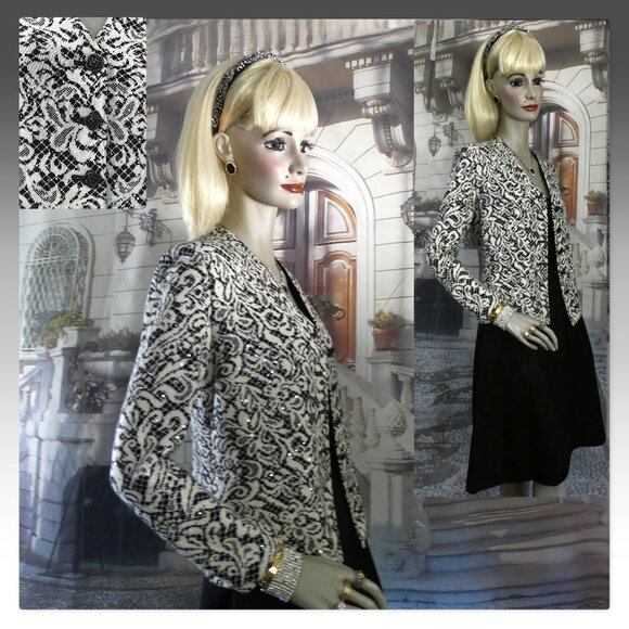 St. John Evening Suit Size 8 Black White Lace Inspire Jacket SJ Black Silk Skirt - Picture 1 of 14